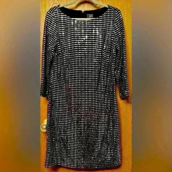 JH Evenings Black Stretch Silver Glitter Long Sleeve Dress Size 12 - Sparkles - Picture 1 of 7